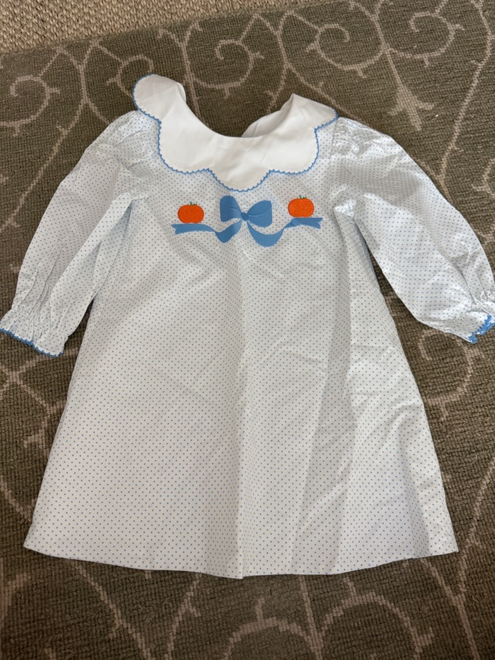 Stitchy Fish Girls White Polka Dot Dress with Blue Bow and Orange Pumpkin NWT 2T